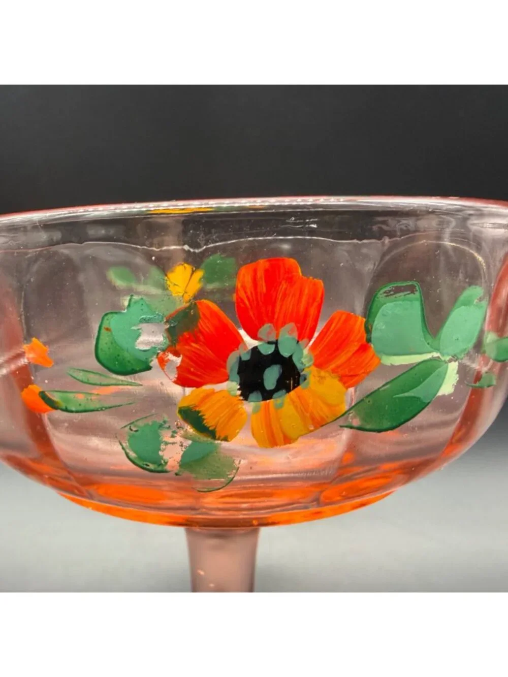Vintage Pink Depression Glass Compote Hand Painted Floral Bowl Dish Centerpiece